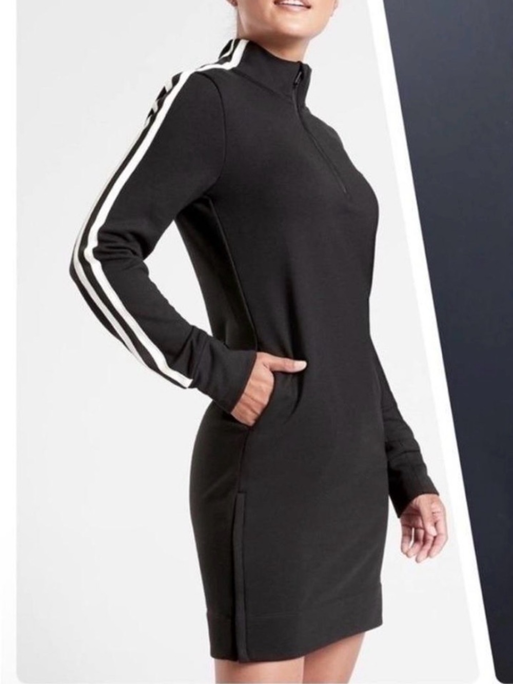 Athleta Black Long-Sleeve Zip Athletic Dress with White Stripe